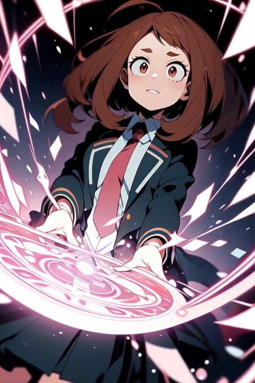 masterpiece, best quality, highres,  long hair,  school uniform, Blue_necktie, black jacket, open jacket, long sleeves, black skirt, , yugioh,illustration, ,hmochako, ochako uraraka, command spell, magic, magic circle,