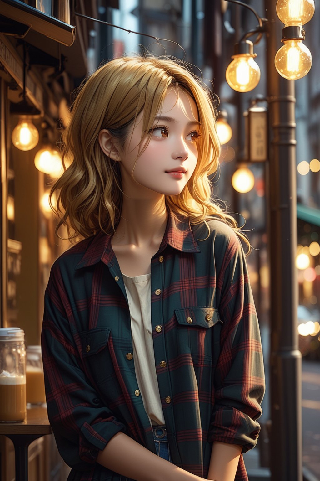 very cute girl is standing alone at the cafe, (faint smile), gold hair, cowboy shot, Flannel shirt,  Gazing into the distance, bokeh, depth of field,