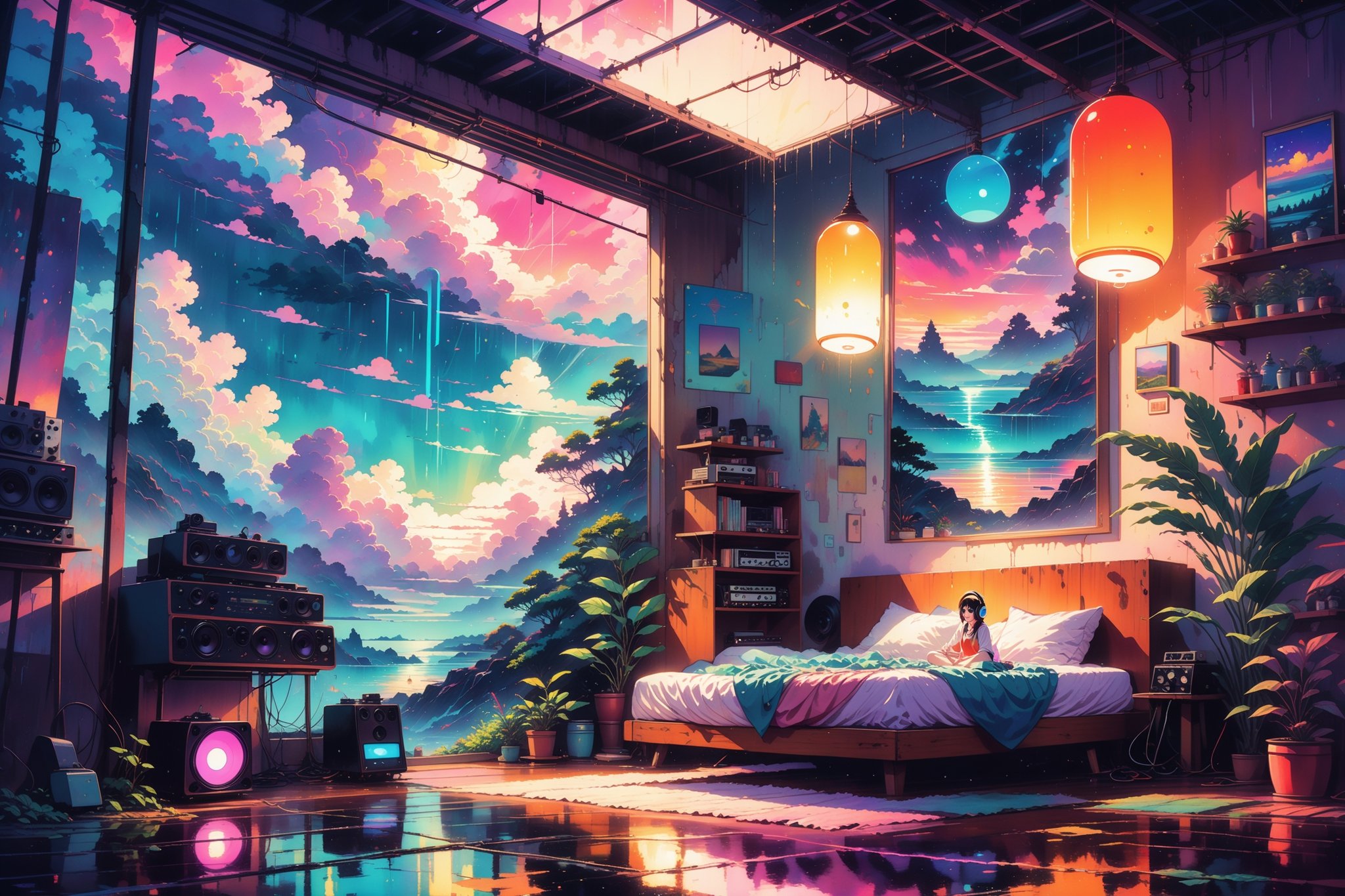 fine art,  oil painting, amazing sky,
.
 Girl meditating in her room, dreaming, Wear headphones, night lights, Neon landscape on a rainy day, Analog Color Theme, Lo-Fi Hip Hop , retrospective, flat, 2.5D, Large slope, Watercolor painting, Studio Ghibli Style, Awesome colorful, Outer Ton, krautrock, lofi art,  70s style,Old texture, amplitude,psychedelic vibe, masterpiece, Tremendous technology,
.
Makoto shinkai style, 2d, flat, cute, adorable, vintage, art on a cracked paper, fairytale, storybook detailed illustration, cinematic, ultra highly detailed, tiny details, beautiful details, mystical, vibrant colors, complex background,more detail XL,girl,lofi