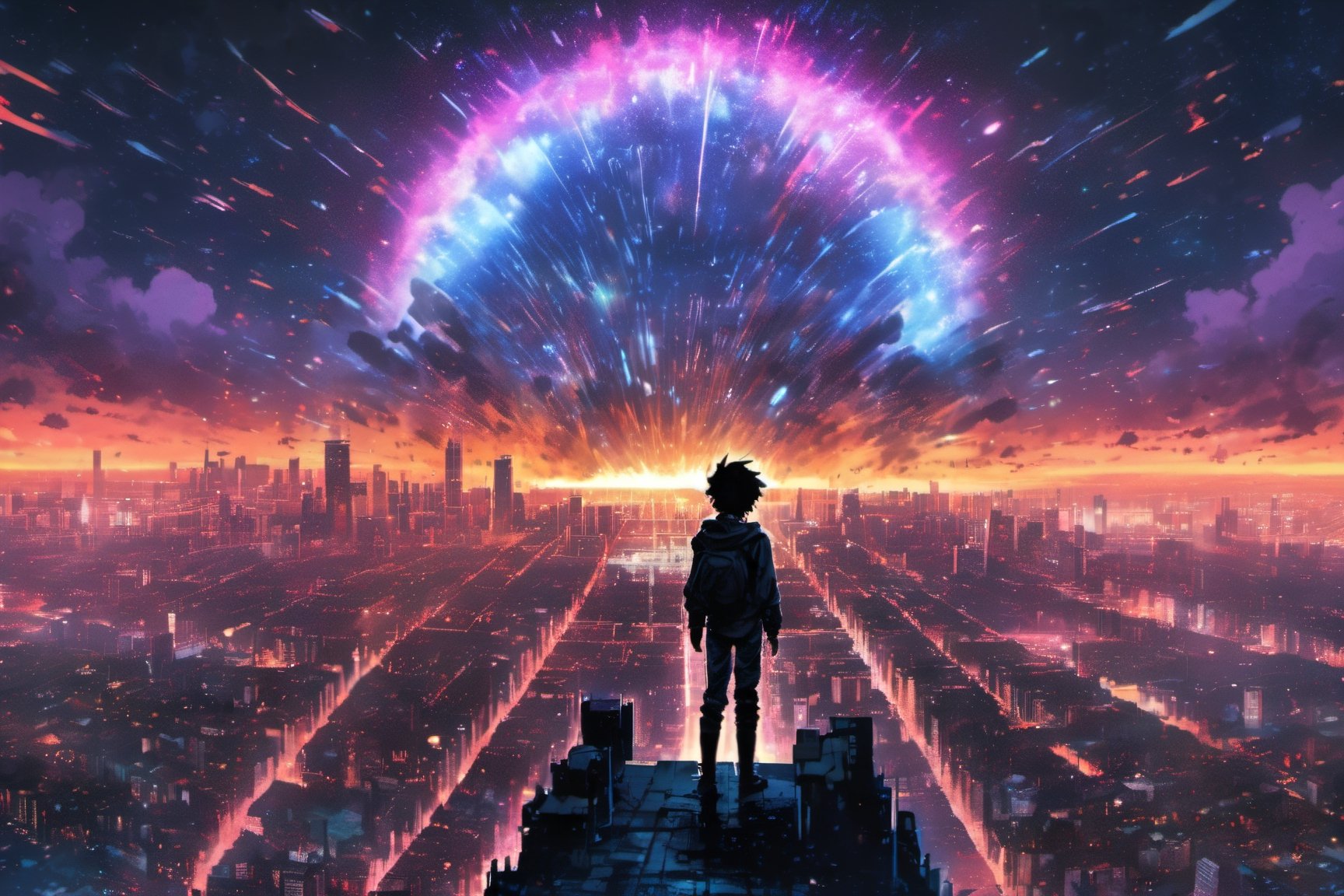 1boy, standing top of building, night city, neon light, buildings, beautiful view, raining, water drops,big bang, black hole, Explosion, lofi,EpicSky,ink scenery, cyborg style,aw0k,6000,beyond_the_black_rainbow