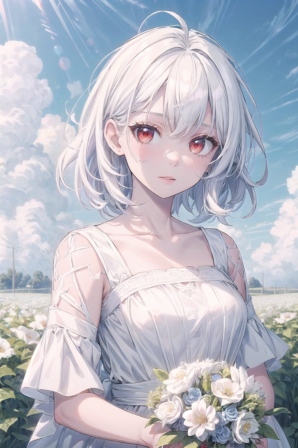 A girl holding flowers,
white hair,red eyes, white dress, flower garden, blue sky, clouds, scenery, Detailedface, high_res, high quality, masterpiece, 8K  ,Detailedface