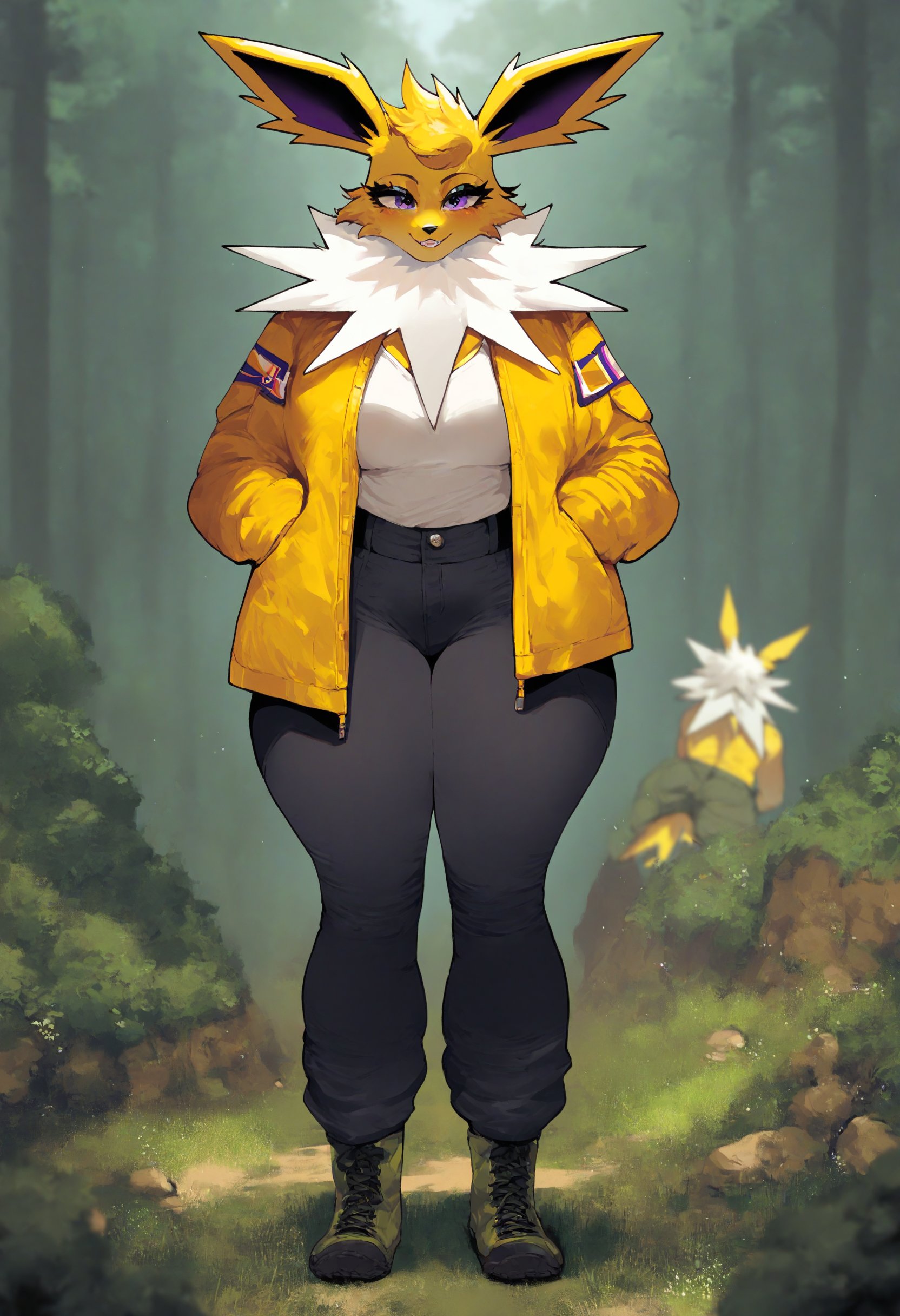 score_9, score_8_up, score_7_up,woods,1 girl,solo,(anthro female Jolteon),mature woman,fit,big ass,thick thighs,large hips,jacket,shirt,binoculars,baggy pants,hiking boots,nyantcha