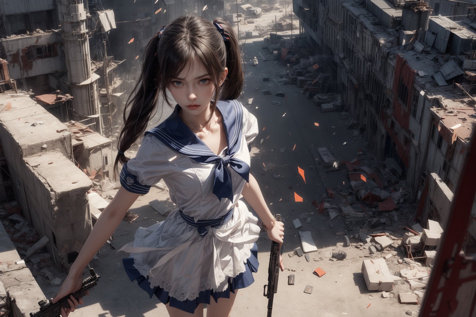  Masterpiece, top quality ,pony_tail, bangs , and is dressed in a sailor uniform, with a white top and a blue skirt. 
complete with a frilly apron and lace headband, stands in a dynamic action pose. She is holding a large assault rifle with confidence, aiming forward with focus. Her hair is long, dark, and tied in pigtails, framing her serious expression. The background is an industrial or battle-damaged setting, with concrete structures and debris. Light filters in from above, illuminating dust and small particles in the air. The atmosphere is tense, combining elements of a maid aesthetic with military and action themes.