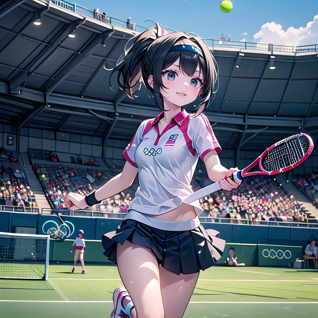 masterpiece,highest quality,perfect detail, 1 girl, smile, long ponytail, choppy bans, black hair.

A beautiful female tennis player, wearing a tennis skirt or shorts, a sports top, tennis shoes, wristbands, and a headband or cap, is playing on an Olympic tennis court. She is holding a tennis racket and hitting a tennis ball with a focused expression, running and jumping on the green court. The scene is set under a sunny sky or lights if it's a night match, with the tennis net and spectator stands visible. The cheering audience, Olympic logo or flags, and a scoreboard contribute to the tense atmosphere, while sweat shows the intensity of the game. A referee can be seen in the background.

Olympic mark. 

dynamic, highly detailed, concept art, smooth, sharp focus.