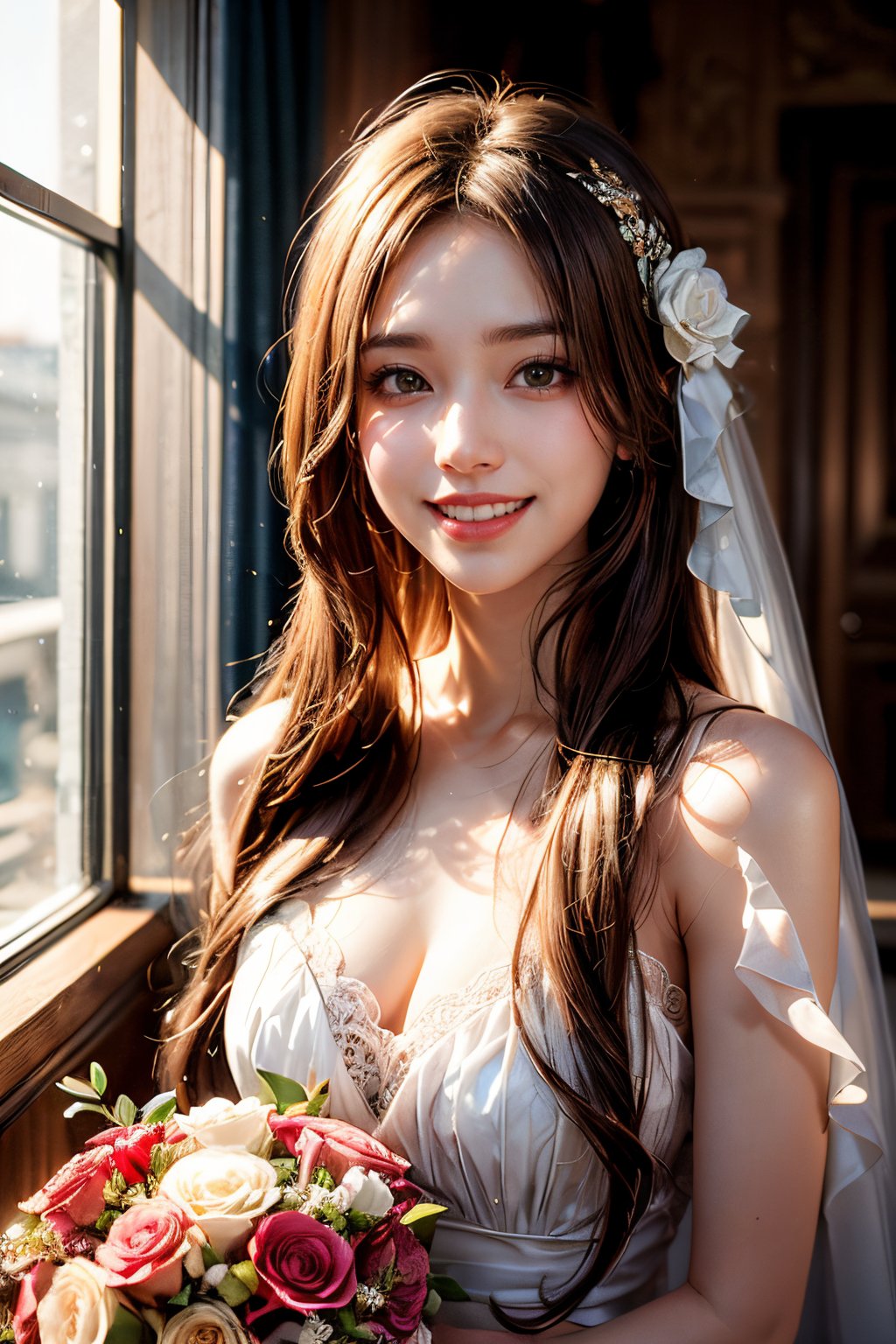 1girl, solo, long hair, looking at viewer, smile, brown hair, dress, holding, bare shoulders, brown eyes, upper body, flower, teeth, white dress, grin, window, bouquet, realistic