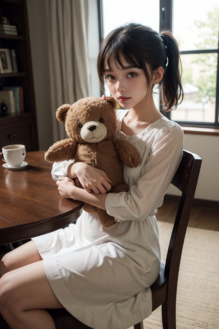 Masterpiece, top quality, 35 years old , 1girl, long ponytail, choppy bangs , medium breast.

she wear loli dress. She is hugging a very very big and cute bear doll and sitting on chair.

Indoors, dynamic, highly detailed, concept art, smooth, sharp focus.,Realistic.,YAMATO