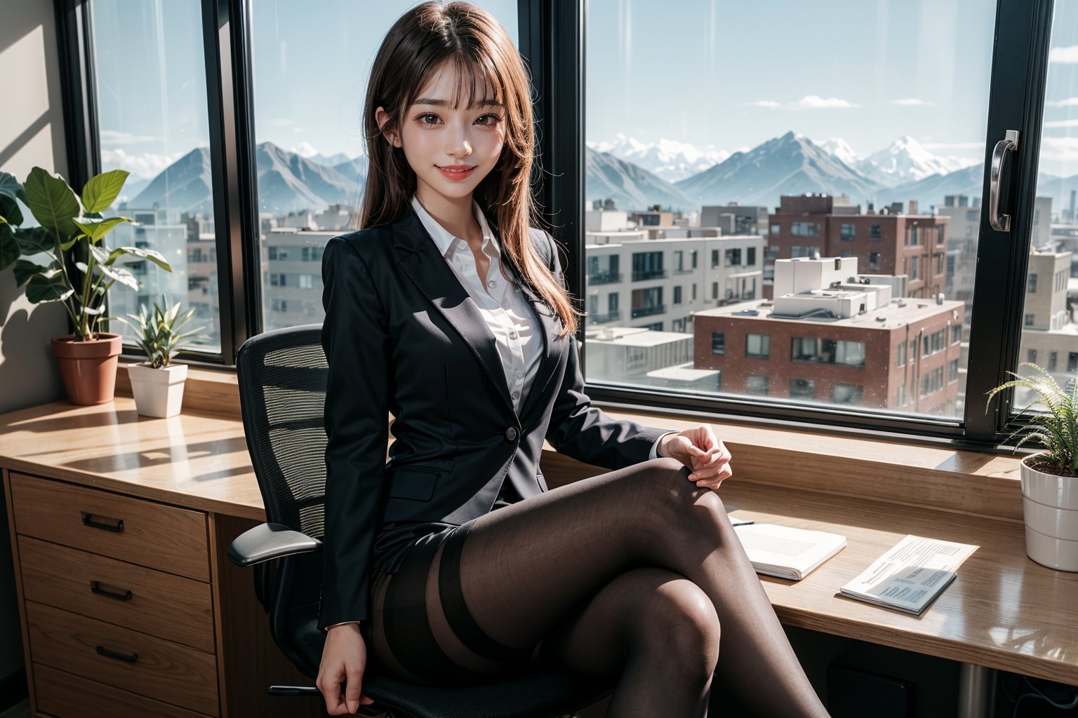 A 22 yo beautiful office lady dressed in a formal suit with a transparent white blouse, a black pencil skirt, and black pantyhose. She stands confidently in a modern office environment, with a professional yet approachable expression on her face. The setting includes a sleek desk and large windows overlooking the mountain and sky, adding to the sophisticated and business-like atmosphere. The lighting highlights the polished and elegant style of the office. Full body. plant, crossed legs, sit on table.PERFECT HANDS,MEDIUM BREAST