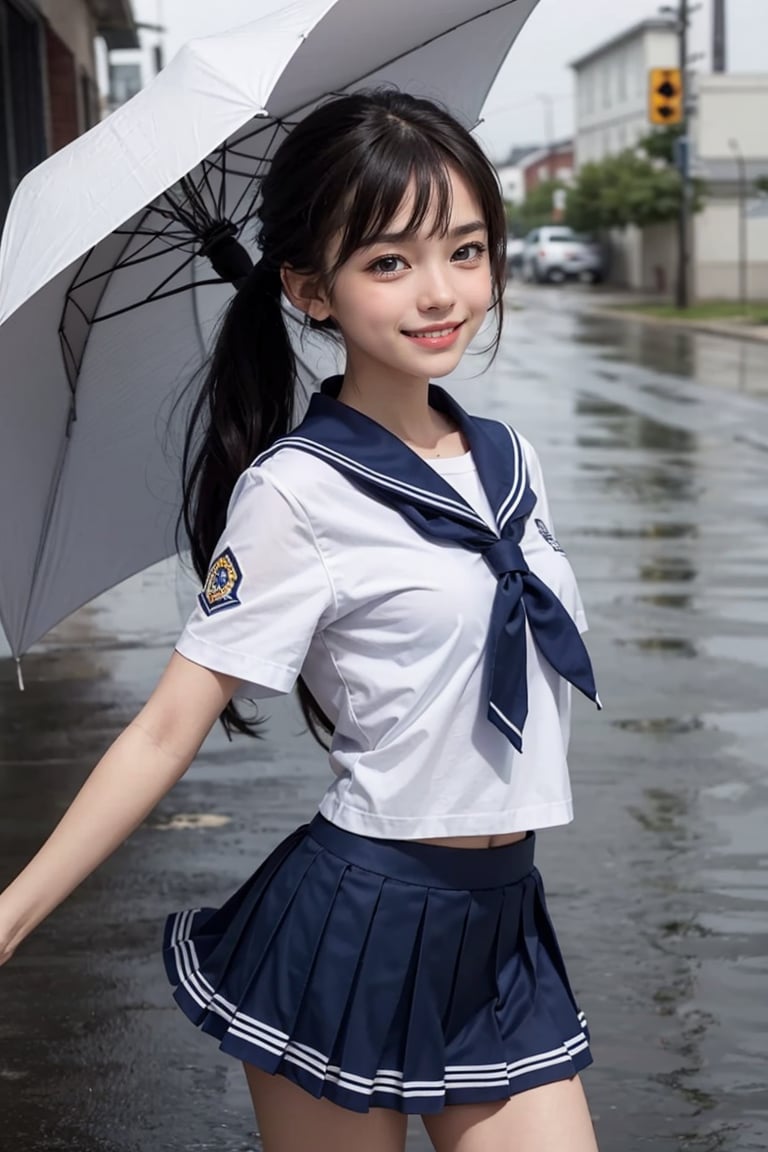 (happy smile:1.2) Masterpiece, top quality ,pony_tail, bangs , and is dressed in a sailor uniform, with a white top and a blue skirt. Hold an umbrella . school background.wind, raining, dynamic, highly detailed, concept art, smooth, sharp focus.,Realistic.