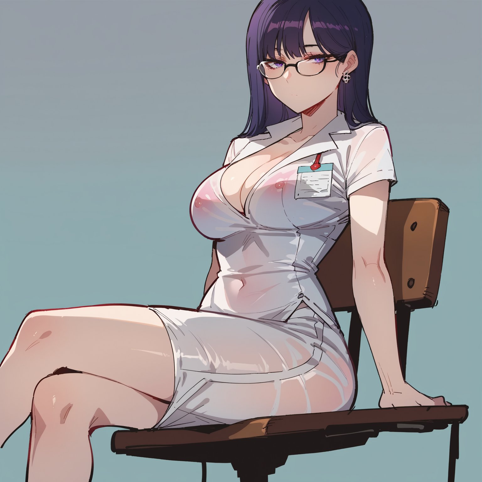 score_9, score_8_up, score_7_up, score_6_up, score_5_up BREAK, anime screencap, anime coloring, source_anime, rating_explicit,detailed eyes,
beauty_mark black_hair busty chair earrings emotionless expressionless glasses light-skinned_female long_hair looking_down mr.skull nurse original original_character pale-skinned_female pale_skin pencil pencil_skirt purple_eyes ratatatat74 see-through semi-transparent sitting skirt white_background