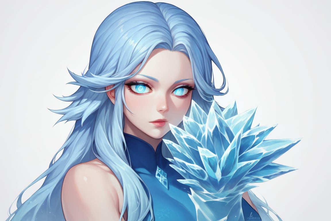 , score_9, score_8_up, score_7_up, ultra detailed,beautiful face,highres BREAK
(1girl),  Very beautiful and badass girl (pale skin, light blUE hair and eyes; bright eyes, very beautiful, ice hands), ((ICE FORM, ICE SKIN)):1,
 

 ,(( white background, blank background)):1, 