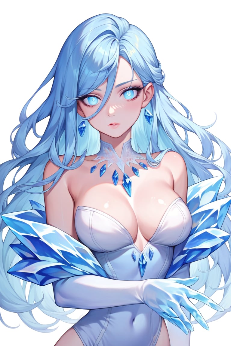 , score_9, score_8_up, score_7_up, ultra detailed,beautiful face,highres BREAK
(1girl),  Very beautiful and badass girl (pale skin, light blUE hair and eyes; bright eyes, very beautiful, ice hands), ((ICE FORM, ICE SKIN)):1,
 

 ,(( white background, blank background)):1, 