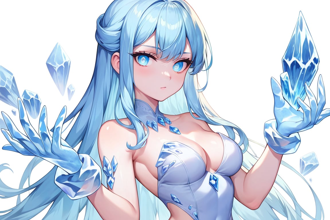 , score_9, score_8_up, score_7_up, ultra detailed,beautiful face,highres BREAK
(1girl),  Very beautiful and badass girl (pale skin, light blUE hair and eyes; bright eyes, very beautiful, ice hands), ((ICE FORM, ICE SKIN)):1,
 

 ,(( white background, blank background)):1, 