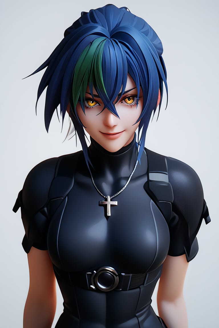 score_9, score_8_up, score_7_up, score_6_up, score_5_up,  BREAK, source_anime,1girl, xenovia, blue hair, streaked hair, hair between eyes, short hair, yellow eyes,black leotard, skin tight short sleeves, cross necklace, fingerless elbow gloves,hands behind back, smile, upper body, looking at viewer, solo, 

 ,(( white background, blank background))