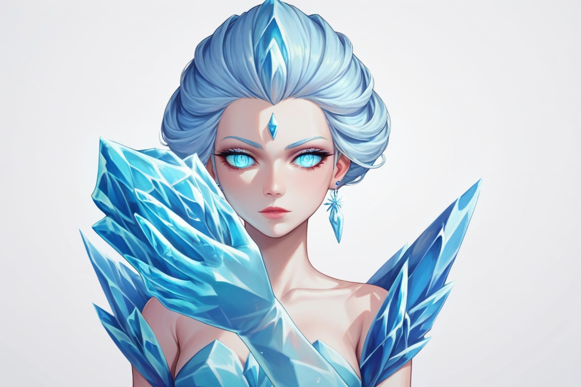 , score_9, score_8_up, score_7_up, ultra detailed,beautiful face,highres BREAK
(1girl),  Very beautiful and badass girl (pale skin, light blUE hair and eyes; bright eyes, very beautiful, ice hands), ((ICE FORM, ICE SKIN)):1,
 

 ,(( white background, blank background)):1, 