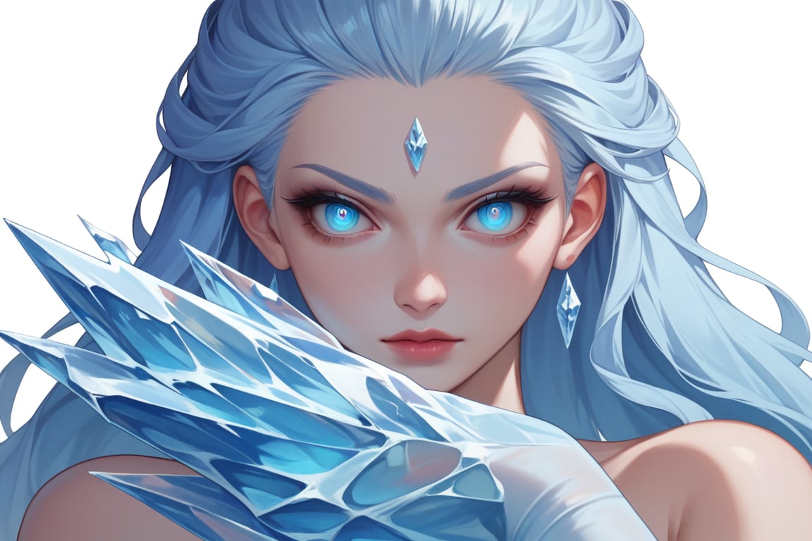 , score_9, score_8_up, score_7_up, ultra detailed,beautiful face,highres BREAK
(1girl),  Very beautiful and badass girl (pale skin, light blUE hair and eyes; bright eyes, very beautiful, ice hands), ((ICE FORM, ICE SKIN)):1,
 

 ,(( white background, blank background)):1, 