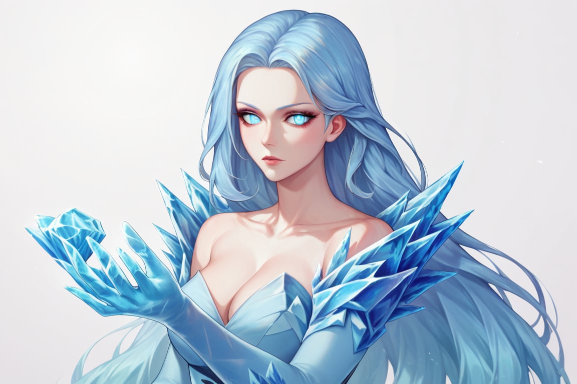 , score_9, score_8_up, score_7_up, ultra detailed,beautiful face,highres BREAK
(1girl),  Very beautiful and badass girl (pale skin, light blUE hair and eyes; bright eyes, very beautiful, ice hands), ((ICE FORM, ICE SKIN)):1,
 

 ,(( white background, blank background)):1, 