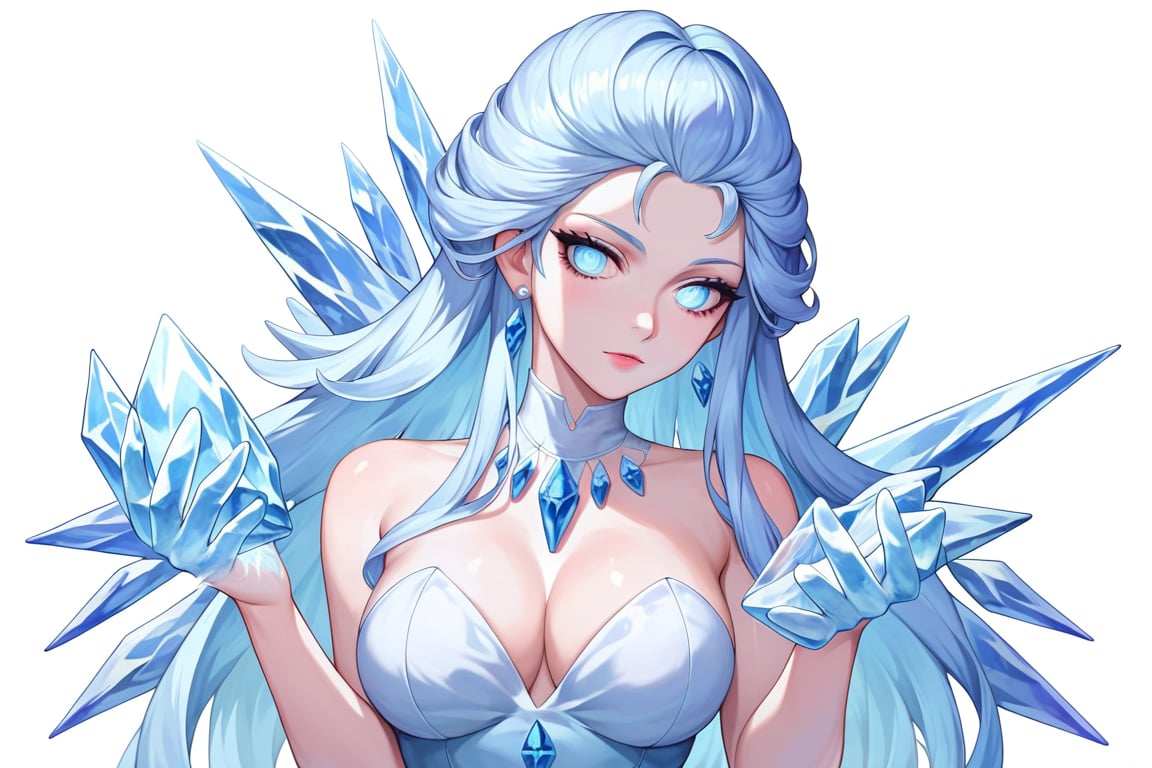 , score_9, score_8_up, score_7_up, ultra detailed,beautiful face,highres BREAK
(1girl),  Very beautiful and badass girl (pale skin, light blUE hair and eyes; bright eyes, very beautiful, ice hands), ((ICE FORM, ICE SKIN)):1,
 

 ,(( white background, blank background)):1, 