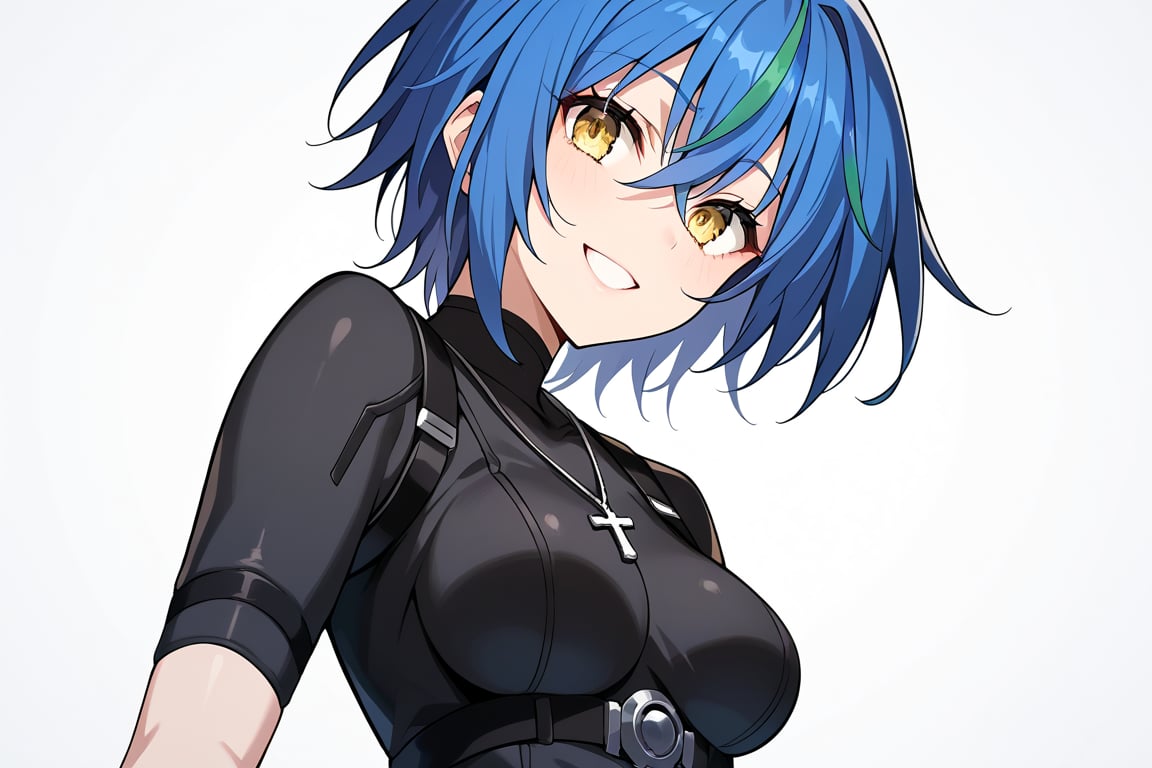 score_9, score_8_up, score_7_up, score_6_up, score_5_up,  BREAK, source_anime,1girl, xenovia, blue hair, streaked hair, hair between eyes, short hair, yellow eyes,black leotard, skin tight short sleeves, cross necklace, fingerless elbow gloves,hands behind back, smile, upper body, looking at viewer, solo, simple background, white background   