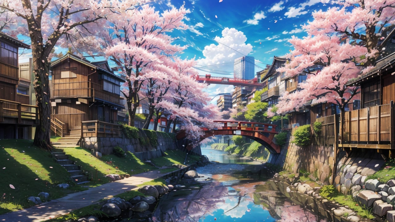 outdoors, sky, day, cloud, water, tree, blue sky, petals, no humans, grass, cherry blossoms, building, scenery, reflection, city, car, cityscape, bridge, river, Japanese street