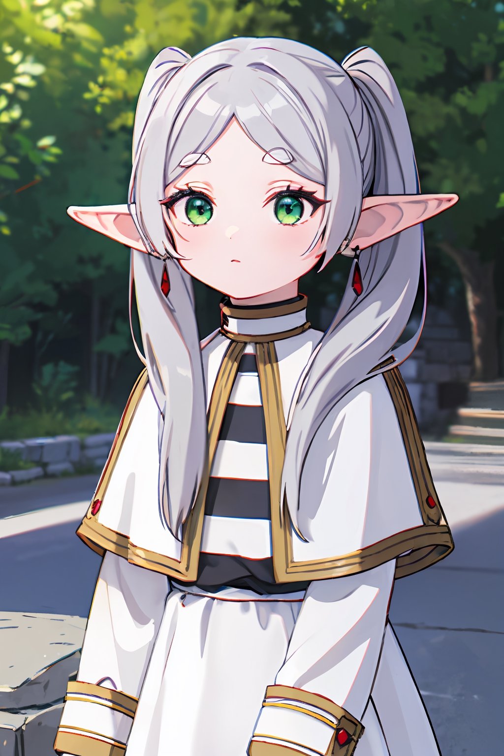 (frieren:1.3), long hair, twintails, (green eyes), (grey hair), pointy ears, elf, shirt, long sleeves, jewelry, pantyhose, earrings, black pantyhose, capelet, striped shirt, outdoors, (sky:1.1), nature, solo, walking, (stone road), (upper body), looking at viewer, (masterpiece:1.2), best quality, high resolution, unity 8k wallpaper, (illustration:0.8), (beautiful detailed eyes), extremely detailed face, perfect lighting, extremely detailed CG, (perfect hands, perfect anatomy),