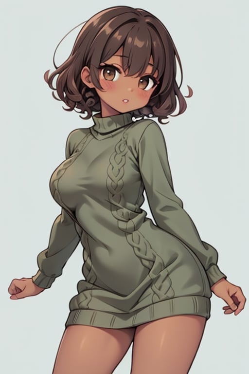 Solo girl, brown short curly hair, tan skin, mint green sweater dress, breasts