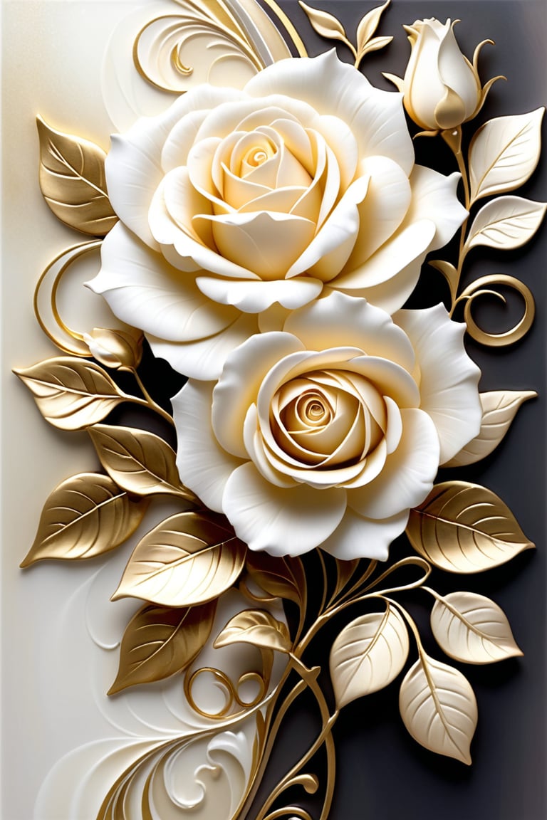 
ideal image rendering, Jody Bergsma style,
Ethereal beauty unfurls amidst a soft, diffused backdrop, as delicate white wax roses with ultra-fine details and subtle texture showcase their intricate forms. Delicate petals edged in fine gold leaf glimmer with touches of iridescence, while the Baroque-inspired composition masterfully interplays shadow and light. The overall effect is one of whispered elegance, as if the flowers might vanish at any moment, leaving only a whispered promise of beauty.