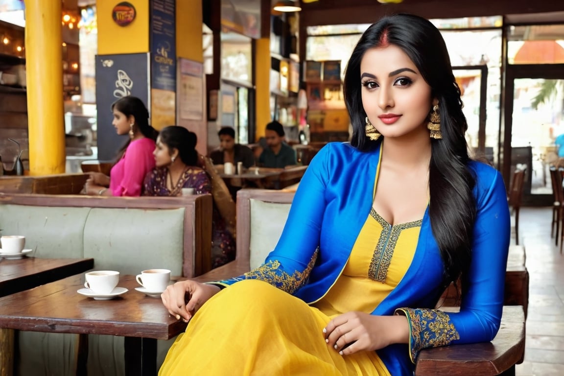 Beautiful attactiv face 18 years yung girl a yellow bra and blue salwar kameez and dupatta, sitting in coffee shop,black hair, good looking body, beautiful background, 
,photo r3al,dal,Indian girl