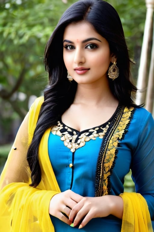 Beautiful attactiv face 18 years yung girl a yellow bra and blue salwar kameez and dupatta, black hair, good looking body, beautiful background, 
,photo r3al,dal,Indian girl