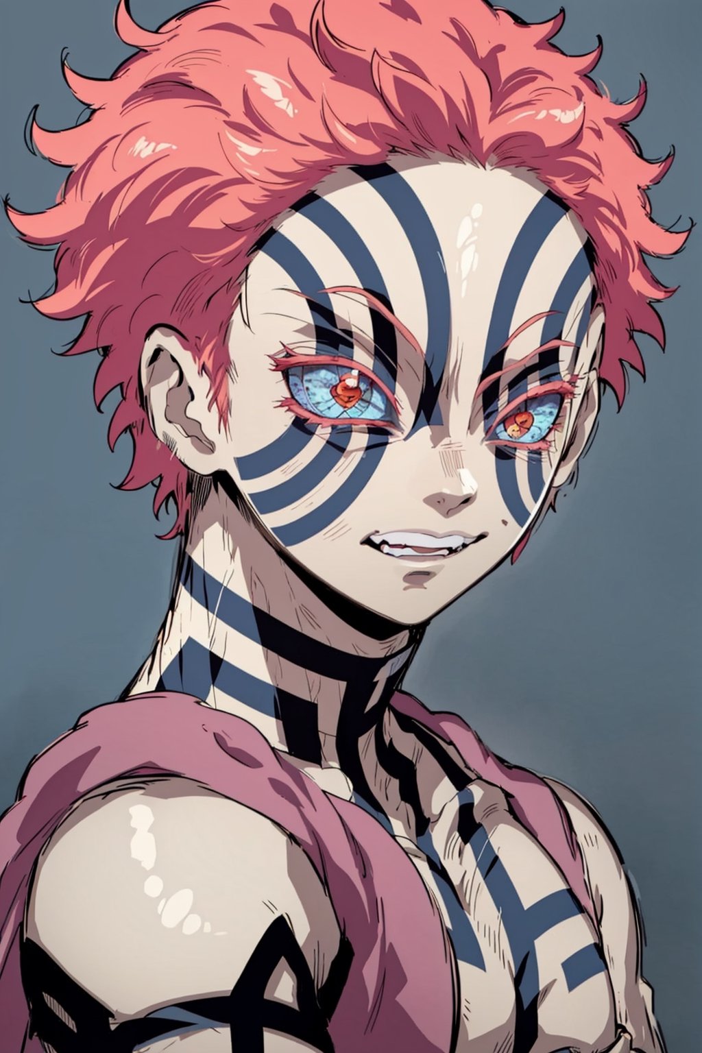 front view, solo, looking at viewer, pink hair, short hair, 1boy, nude upper body with tattoos, face tattoo lines, blue tattoo lines, no weapon, male focus, no upper clothes, akaza, akaza the demon from kimetsu no yaiba, threatening look, making a crazy face, really defined lines