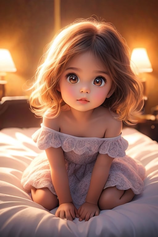 best quality, masterpiece, beautiful and aesthetic, vibrant color, Exquisite details and textures,  Warm tone, ultra realistic illustration,	(cute girl, 3year old:1.5),	cute eyes, big eyes,	(a sullen look:1.2),	16K, (HDR:1.4), high contrast, bokeh:(1girl, off shoulder dress, drunk, laying on big white hotel bed, soft light in background, night),full body shot, ultra hd, realistic, vivid colors, highly detailed, UHD drawing, perfect composition, beautiful detailed intricate insanely detailed octane render trending on artstation, 8k artistic photography, photorealistic concept art, soft natural volumetric cinematic perfect light. 