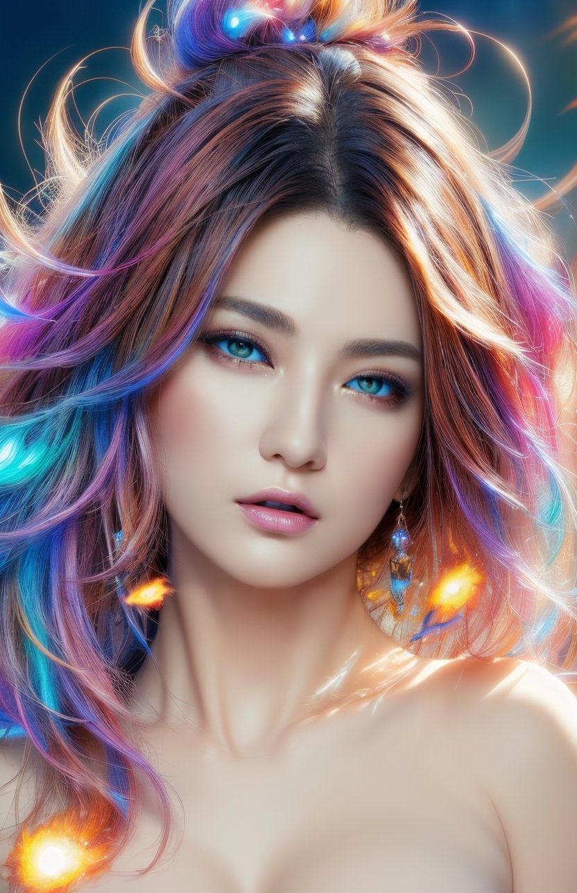 (masterpiece, top quality, best quality, official art, beautiful and aesthetic:1.2), (1girl), extreme detailed,(abstract, fractal art:1.3),colorful hair,highest detailed, detailed_eyes, fire, water, ice, lightning, light_particles, nude ,beatiful lines,resolute eyes,1 girl