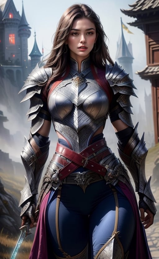 super realistic image, high quality uhd 8K, of 1 girl, detailed realistic ((slim body, high detailed)), ((skinny waist)), ((tall model)), long brunette hair, high detailed realistic skin, ((fantastic and magical armor warrior of xian, several lower hip belts)), ((on the outskirts of a fantasy castle)), real vivid colors, standing,1 girl,warriorxian,