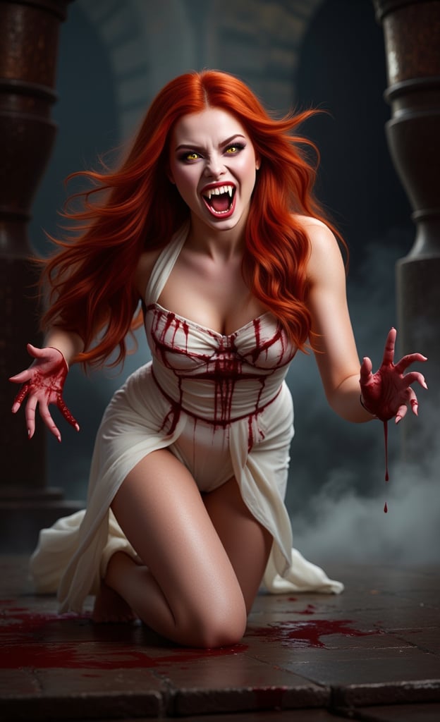 
a girl, Dracula's girlfriend, beautiful vampire, long red hair, yellow eyes, open mouth, ((showing her long vampire fangs)), pale skin, thin body, (bloody white dress), advancing towards the one who looks with her eyes. arms outstretched, masterpiece, high quality, 8k, sharp focus