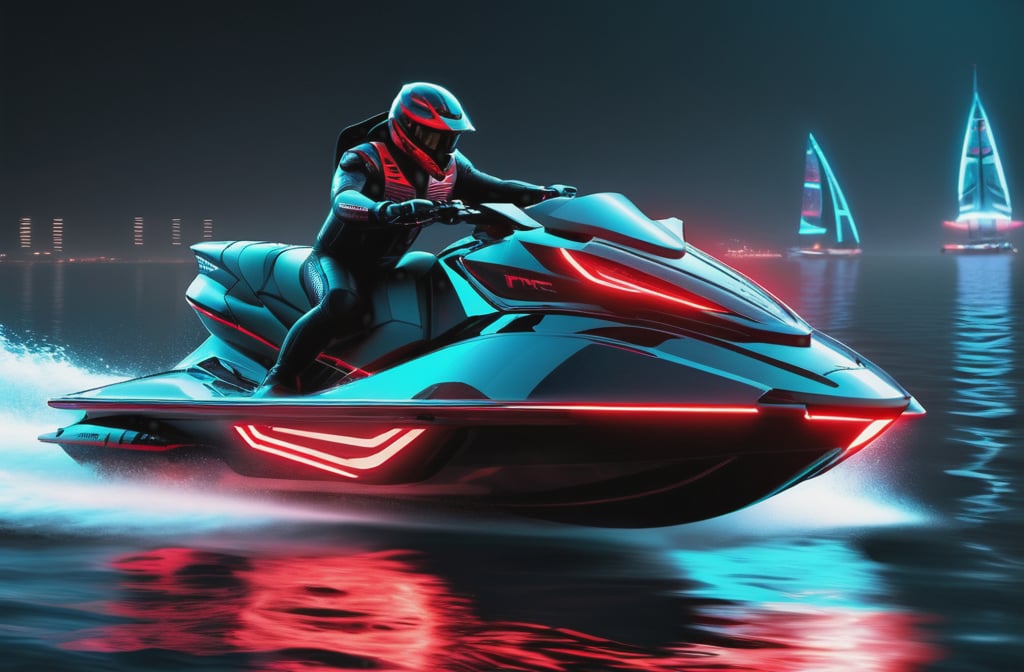 photorealistic image, masterpiece, high quality 8K, of a futuristic ((sci-fi large super jet ski)), (((sailing in the water the sea))), Tron legacy, black and red neon lights, good lighting, at night, sharp focus