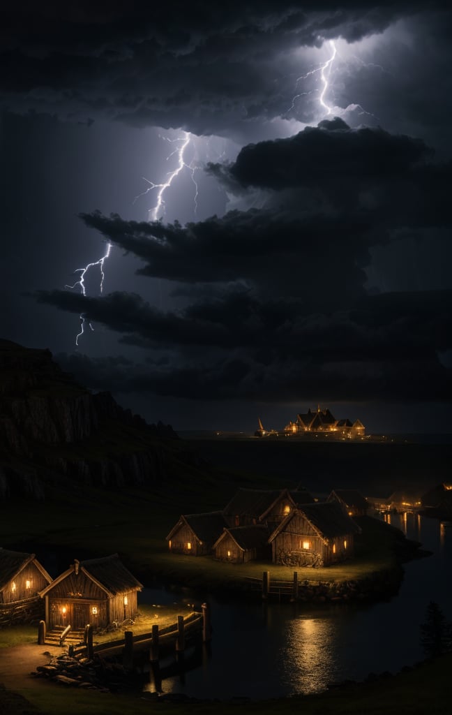 At night, viking village, fantasy ancient, lightning storm, thunder and tornado, moonlit scene, good lighting, photorealistic image, masterpiece, high quality, 8K, sharp focus