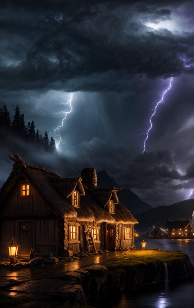 At night, viking village, fantasy ancient, lightning storm, thunder and tornado, moonlit scene, good lighting, photorealistic image, masterpiece, high quality, 8K, sharp focus