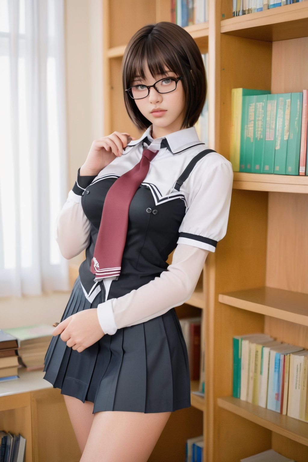 1girl, Thailand model, glasses, Short hair, blunt bangs, detailed face, realistic, bible black clothing, short sleeve, pleated skirt, school library. downblouse point of view, full body view. 