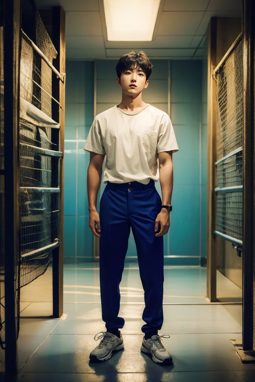 solo, oppa, Korea model, prison shirt, realistic, jail, prison. full body view. 