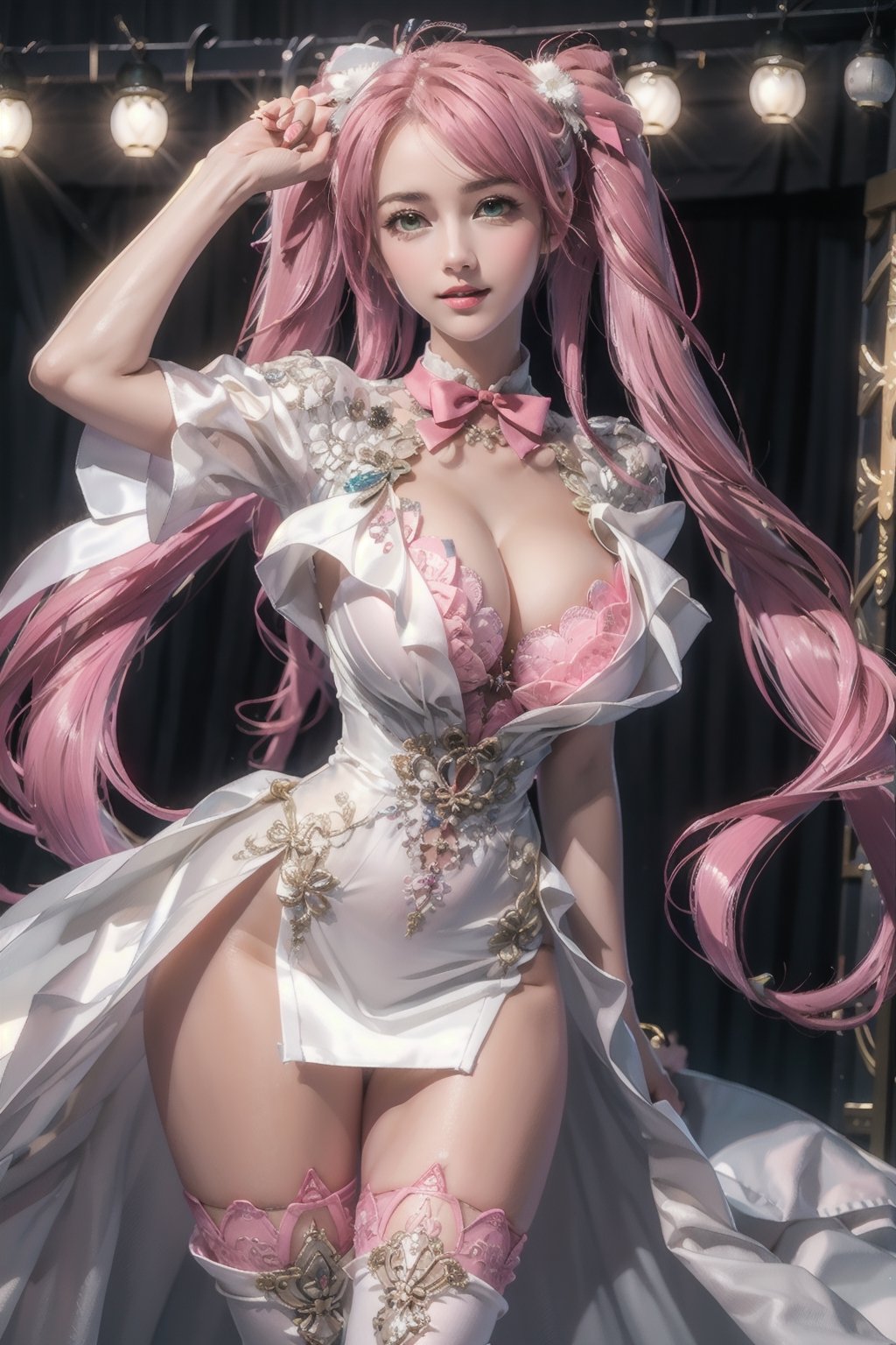 Playful pose, (Masterpiece), full body shot, best quality, high resolution, highly detailed, detailed background, movie lighting, 1girl, ((She has pink long hair, twintails, large breasts, cleavage 2.0)), green eyes, idol, ((revealing evening gown 2.0)), underbust, stage, microphone , stage lights, music, blush, sweet smile, sweat, concert, ruffles, confetti, hearts, hair accessories, hair bows, gems, jewelry, neon lights , bow tie , pointing, spotlight, sparkles, light particles, frame breasts, cross lace, white stockings,ryuubi,ruanyi0263,ruanyi0254