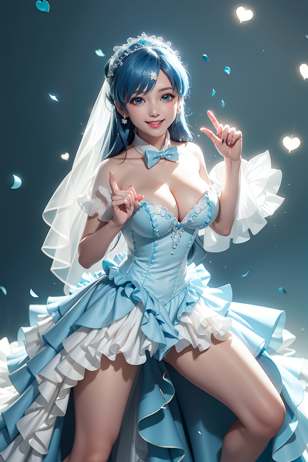 ((M-shape spread legs, exposed breasts, She wears revealing blue frilled weeding dress, Wedding gown (veil), blue very long hair, large breasts 2.0)), cute pose, large breasts, cleavage , blue eyes, (Masterpiece), full body shot, best quality, high resolution, highly detailed, detailed background, movie lighting, 1girl, idol, underbust, stage, stage lights, music, blush, sweet smile, sweat, concert, ruffles, confetti, hearts, hair accessories, hair bows, gems, jewelry, neon lights , bow tie , pointing, spotlight, sparkles, light particles, frame breasts, cross lace, white stockings,ryuubi,lift skirt,hmnl,ho1