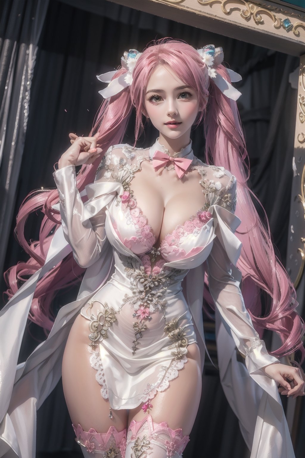 Playful pose, (Masterpiece), full body shot, best quality, high resolution, highly detailed, detailed background, movie lighting, 1girl, ((She has pink long hair, twintails, large breasts, cleavage 2.0)), green eyes, idol, ((revealing evening gown 2.0)), underbust, stage, microphone , stage lights, music, blush, sweet smile, sweat, concert, ruffles, confetti, hearts, hair accessories, hair bows, gems, jewelry, neon lights , bow tie , pointing, spotlight, sparkles, light particles, frame breasts, cross lace, white stockings,ryuubi,ruanyi0263,ruanyi0254