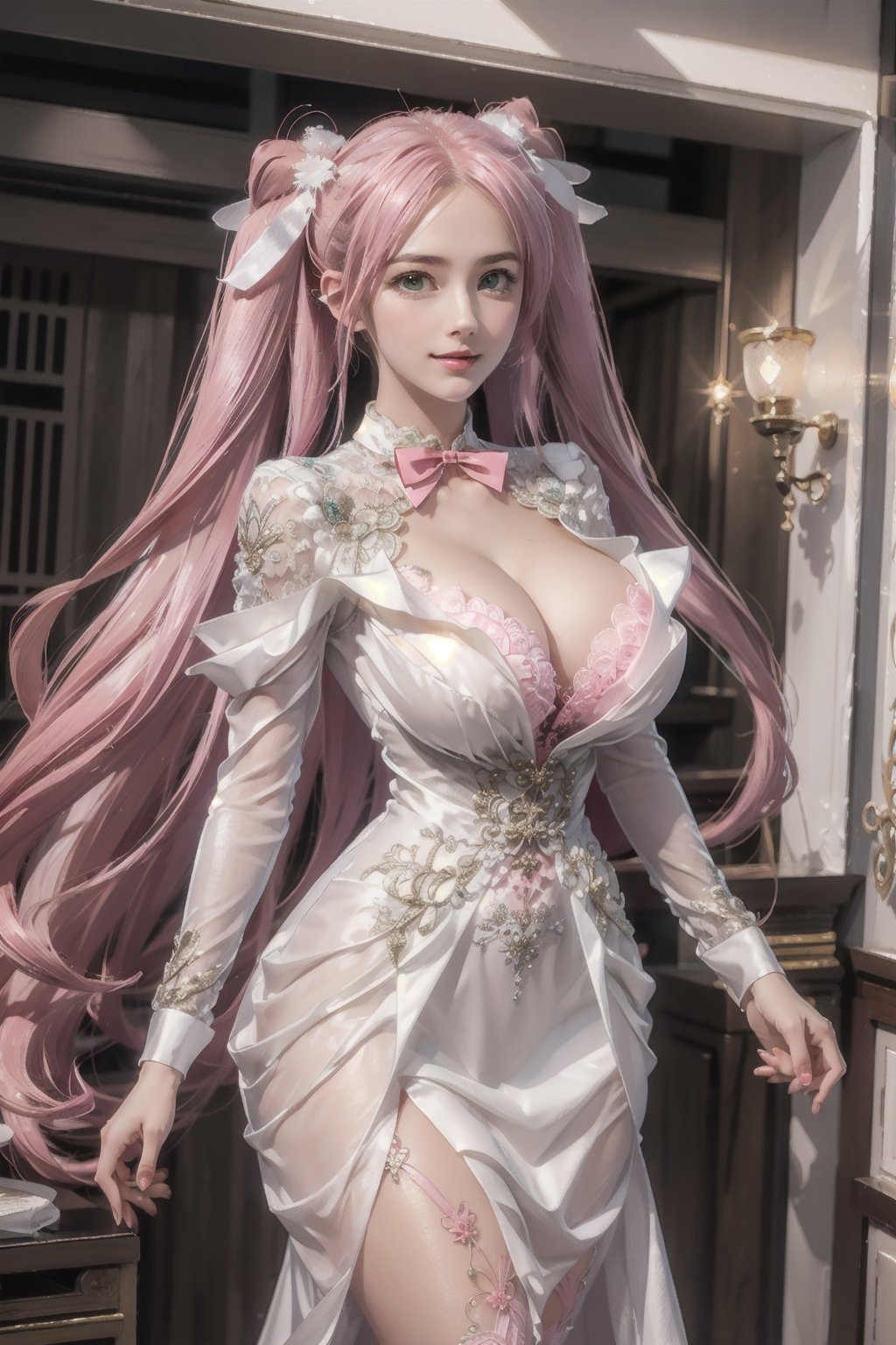 Playful pose, (Masterpiece), full body shot, best quality, high resolution, highly detailed, detailed background, movie lighting, 1girl, ((She has pink long hair, twintails, large breasts, cleavage 2.0)), green eyes, idol, ((revealing evening gown 2.0)), underbust, stage, microphone , stage lights, music, blush, sweet smile, sweat, concert, ruffles, confetti, hearts, hair accessories, hair bows, gems, jewelry, neon lights , bow tie , pointing, spotlight, sparkles, light particles, frame breasts, cross lace, white stockings,ryuubi,ruanyi0263,ruanyi0254