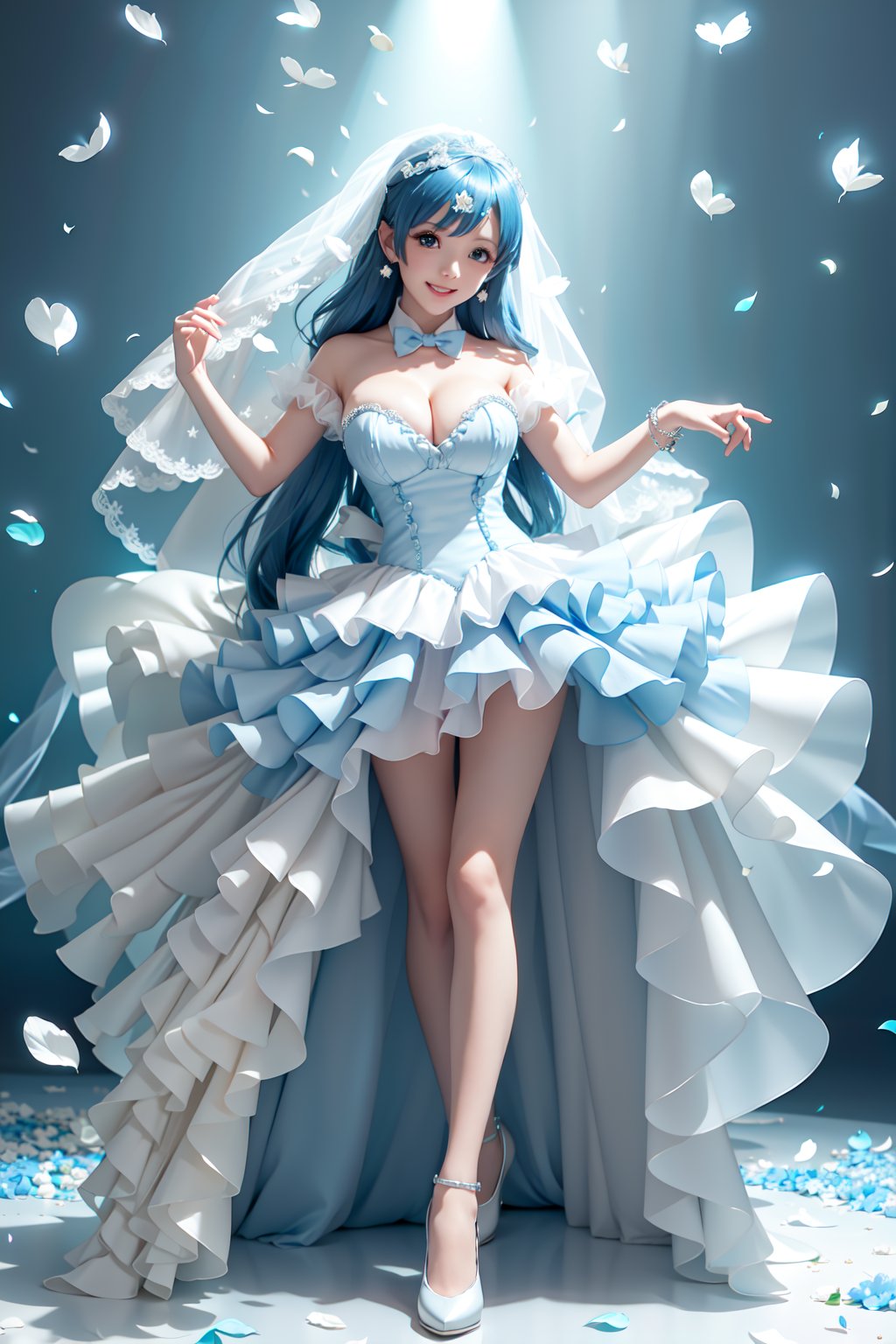 ((M-shape spread legs, exposed breasts, She wears revealing blue frilled weeding dress, Wedding gown (veil), blue very long hair, large breasts 2.0)), cute pose, large breasts, cleavage , blue eyes, (Masterpiece), full body shot, best quality, high resolution, highly detailed, detailed background, movie lighting, 1girl, idol, underbust, stage, stage lights, music, blush, sweet smile, sweat, concert, ruffles, confetti, hearts, hair accessories, hair bows, gems, jewelry, neon lights , bow tie , pointing, spotlight, sparkles, light particles, frame breasts, cross lace, white stockings,ryuubi,lift skirt,hmnl,ho1