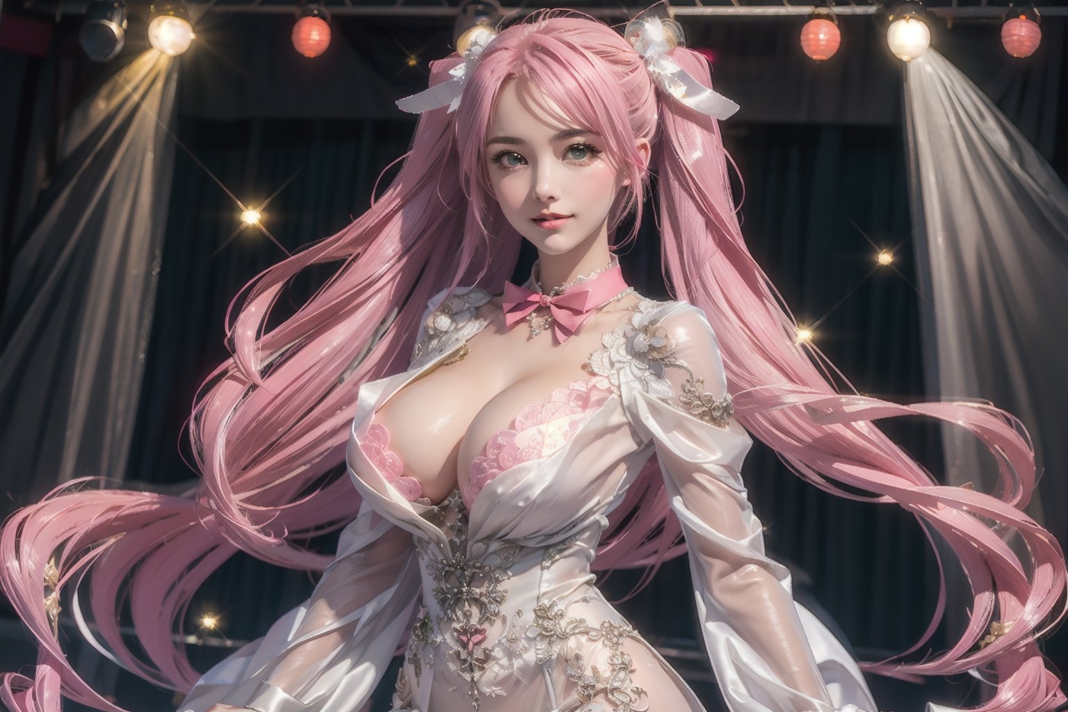 Playful pose, (Masterpiece), full body shot, best quality, high resolution, highly detailed, detailed background, movie lighting, 1girl, ((She has pink long hair, twintails, large breasts, cleavage 2.0)), green eyes, idol, ((revealing evening gown 2.0)), underbust, stage, microphone , stage lights, music, blush, sweet smile, sweat, concert, ruffles, confetti, hearts, hair accessories, hair bows, gems, jewelry, neon lights , bow tie , pointing, spotlight, sparkles, light particles, frame breasts, cross lace, white stockings,ryuubi,ruanyi0263,ruanyi0254