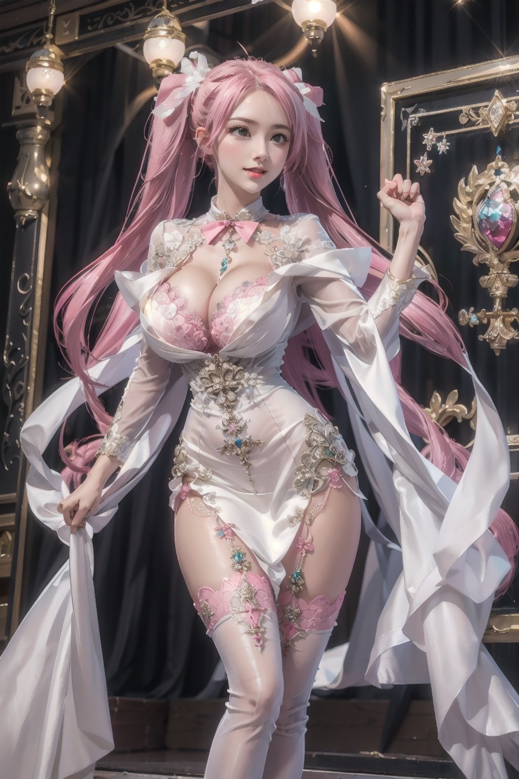 Playful pose, (Masterpiece), full body shot, best quality, high resolution, highly detailed, detailed background, movie lighting, 1girl, ((She has pink long hair, twintails, large breasts, cleavage 2.0)), green eyes, idol, ((revealing evening gown 2.0)), underbust, stage, microphone , stage lights, music, blush, sweet smile, sweat, concert, ruffles, confetti, hearts, hair accessories, hair bows, gems, jewelry, neon lights , bow tie , pointing, spotlight, sparkles, light particles, frame breasts, cross lace, white stockings,ryuubi,ruanyi0263,ruanyi0254