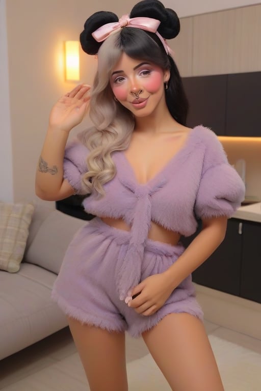 a woman woman standing taking photo 0.5, 0.5x, top angle, face close UP, cute eyes, makeup, thin nose, piercing, simple home clothes, shorts, slippers furry slippers, set, jumpsuit, half blonde and half black hair, accessories, bows, smiling, extremely detailed eyes, room with makeup, living room