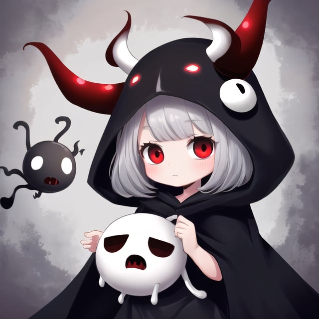 Grimm child from hollow knight, toddler, cute, big red eyes, bluish dark gray cloak