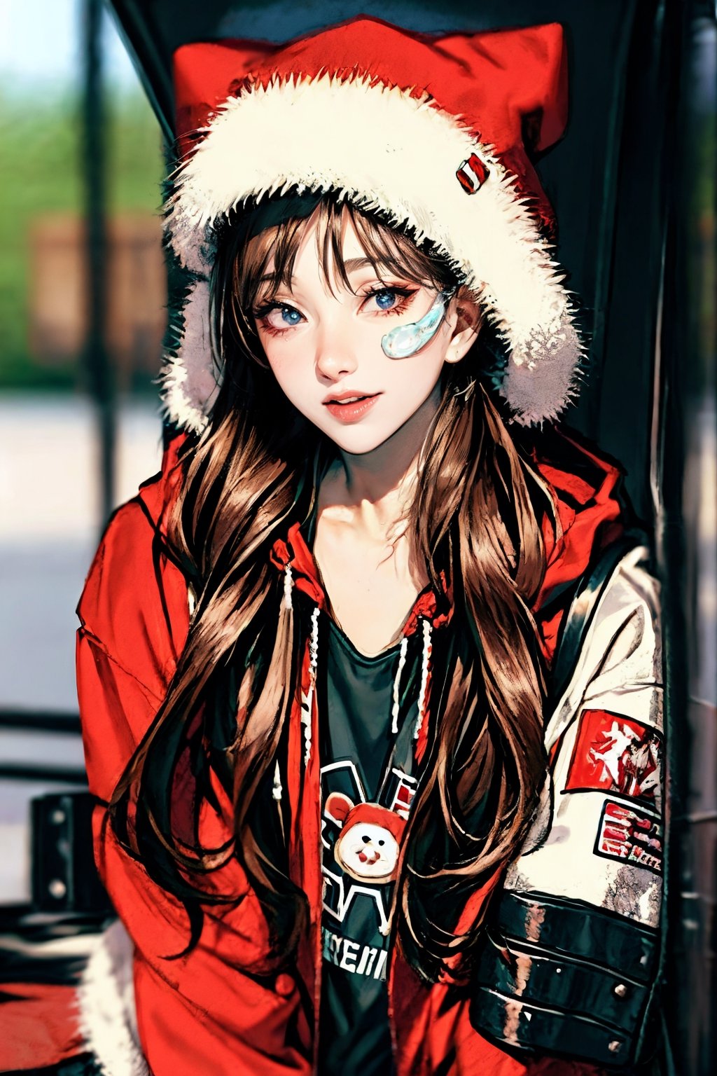 (masterpiece),,(best quality), 
1girl, solo, long hair, looking at viewer, long sleeves, hat, closed mouth, jacket, outdoors, hood, bag, blurry, fur trim, blurry background, stuffed toy, backpack, stuffed animal, hood down, ground vehicle, bandaid, hooded jacket, red headwear, motor vehicle, red jacket, santa hat, teddy bear, bandaid on face,Rosy Zhao