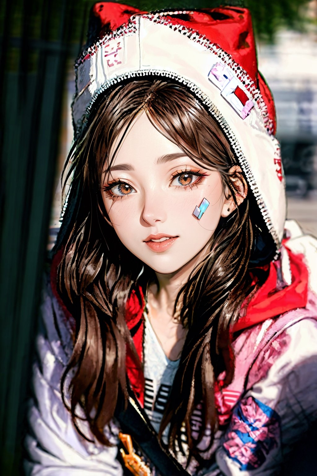 (masterpiece),,(best quality), 
1girl, solo, long hair, looking at viewer, long sleeves, hat, closed mouth, jacket, outdoors, hood, bag, blurry, fur trim, blurry background, stuffed toy, backpack, stuffed animal, hood down, ground vehicle, bandaid, hooded jacket, red headwear, motor vehicle, red jacket, santa hat, teddy bear, bandaid on face,Rosy Zhao