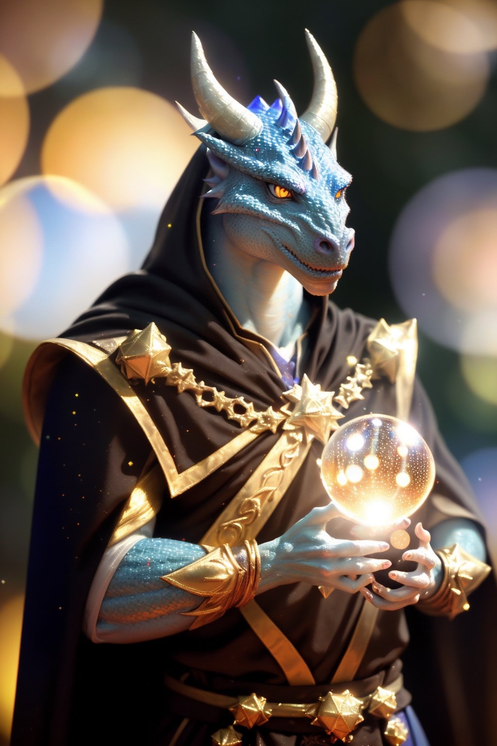 Blue dragonborn, solo, yellow eyes, male, upper body, male focus, horns, cape, armor, glowing, glowing eyes, holding a hexagonal prism glowing magical orb, volumetrics dtx, (award winning), (perfectly detailed) ( bokeh realistic:1.3), ((masterpiece, best quality, hyper realistic)), art by greg rutkowski, dragonborn